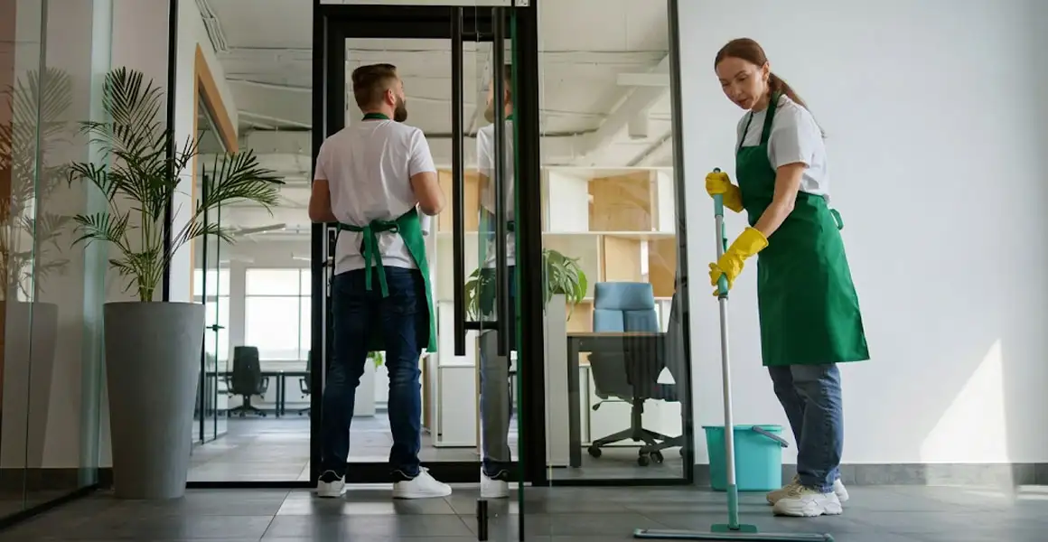 Professional male and female cleaners in green aprons providing office cleaning services in Riyadh. Man entering glass door while woman mops the floor in a bright modern office space.