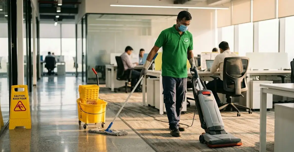 Professional cleaner wearing mask and green uniform vacuuming and mopping a modern office in Riyadh using professional cleaning equipment and yellow bucket. Commercial cleaning services in Riyadh.