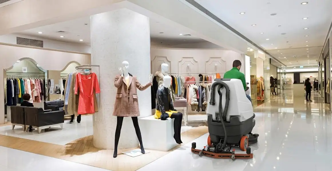 A cleaning professional operating an automatic ride-on floor scrubber machine down a brightly lit retail clothing store corridor inside a Riyadh shopping mall.